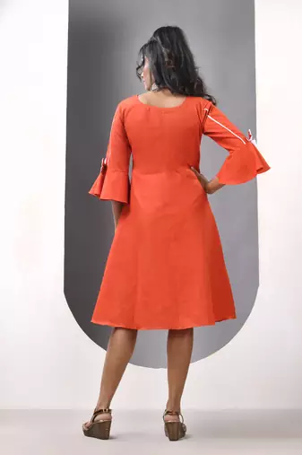 Orange cotton solid fit & flared ethnic dress