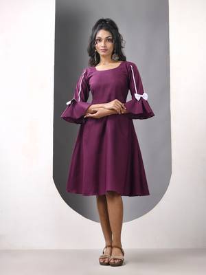 Purple cotton solid fit & flared ethnic dress 1