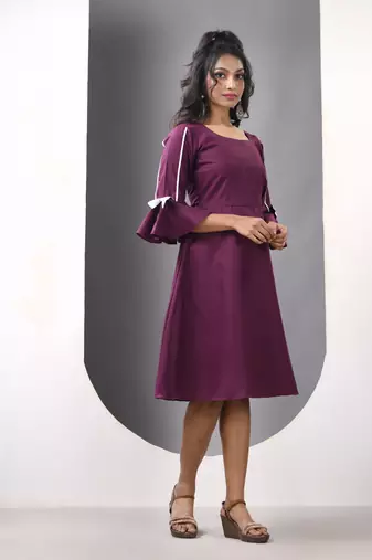 Purple cotton solid fit & flared ethnic dress