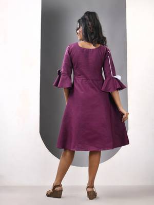 Purple cotton solid fit & flared ethnic dress 3