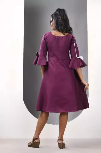 Purple cotton solid fit & flared ethnic dress