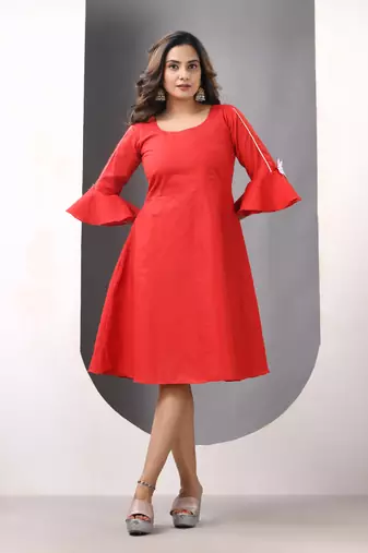 Red cotton solid fit & flared ethnic dress