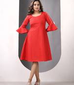 Red cotton solid fit & flared ethnic dress