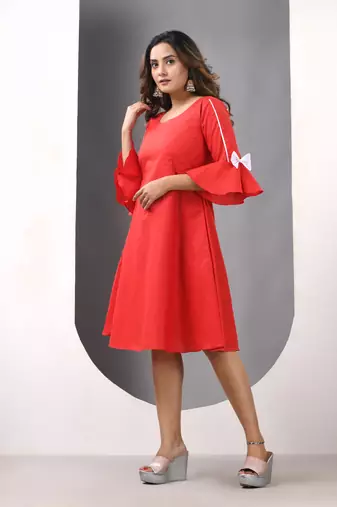 Red cotton solid fit & flared ethnic dress