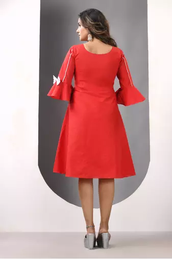 Red cotton solid fit & flared ethnic dress