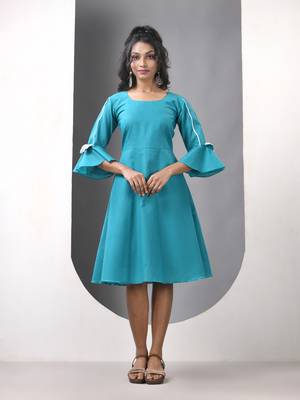 Sky blue cotton solid fit & flared ethnic dress 1