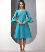 Sky blue cotton solid fit & flared ethnic dress