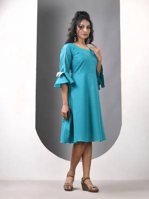Sky blue cotton solid fit & flared ethnic dress 2