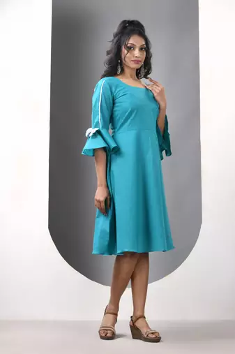 Sky blue cotton solid fit & flared ethnic dress