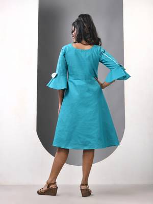 Sky blue cotton solid fit & flared ethnic dress 3