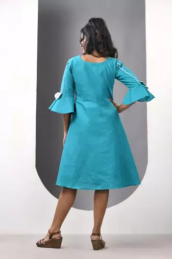 Sky blue cotton solid fit & flared ethnic dress
