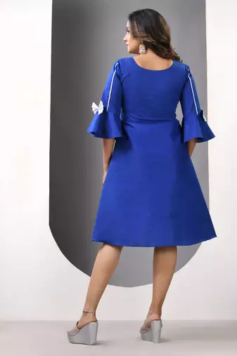 Blue cotton solid fit & flared ethnic dress