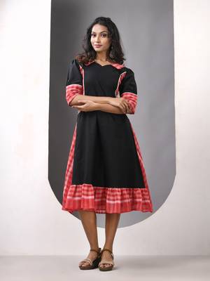 Black and red cotton printed a-line ethnic dress 1