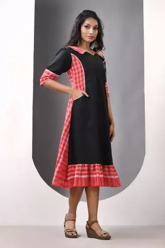 Black and red cotton printed a-line ethnic dress