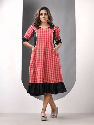 Red and black cotton printed a-line ethnic dress 1