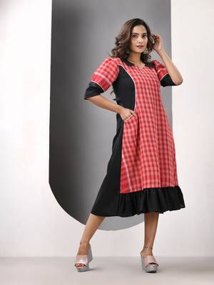 Red and black cotton printed a-line ethnic dress 2