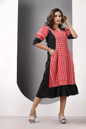 Red and black cotton printed a-line ethnic dress