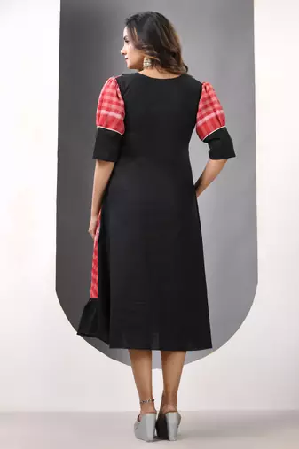 Red and black cotton printed a-line ethnic dress