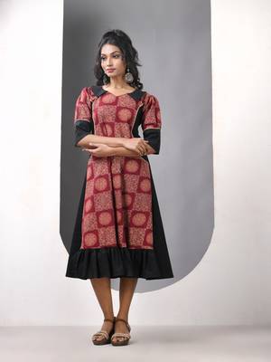 Brown and black cotton printed a-line ethnic dress 1