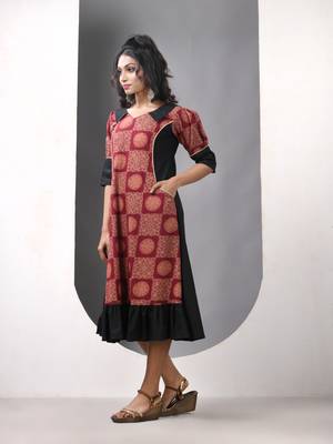 Brown and black cotton printed a-line ethnic dress 2