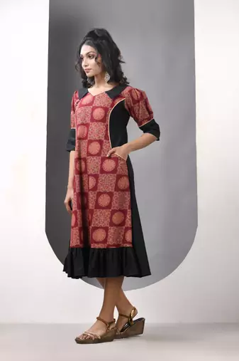 Brown and black cotton printed a-line ethnic dress
