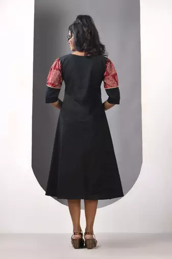 Brown and black cotton printed a-line ethnic dress