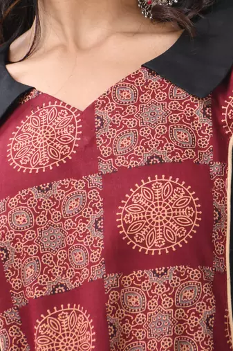 Brown and black cotton printed a-line ethnic dress