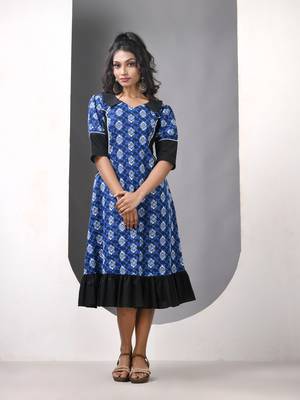 Blue and black cotton printed a-line ethnic dress 1