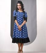 Blue and black cotton printed a-line ethnic dress