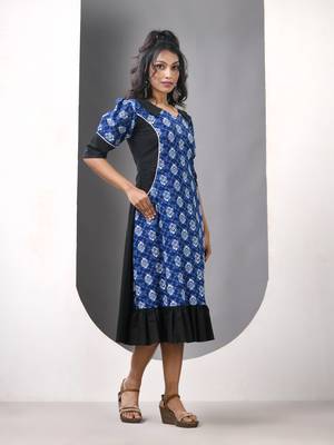 Blue and black cotton printed a-line ethnic dress 2