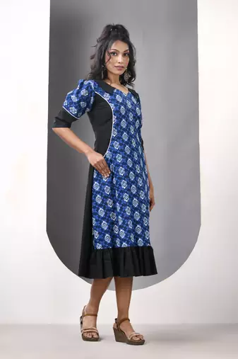 Blue and black cotton printed a-line ethnic dress