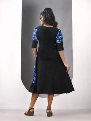 Blue and black cotton printed a-line ethnic dress 3