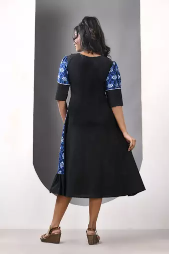 Blue and black cotton printed a-line ethnic dress