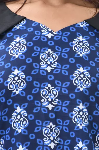 Blue and black cotton printed a-line ethnic dress
