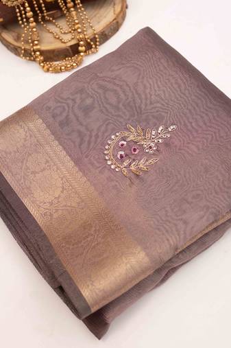 Lavender tissue zardozi embroidered saree