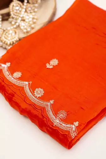 Orange embroidered crused tissue saree