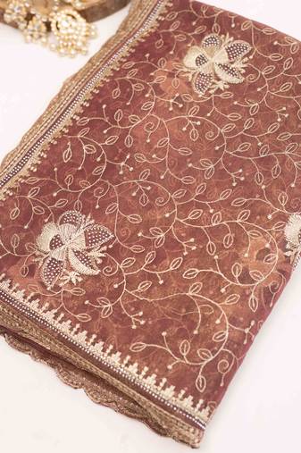 Brown embroidered net saree with blouse