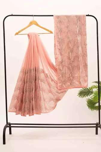 Sequined diamond pattern baby pink saree