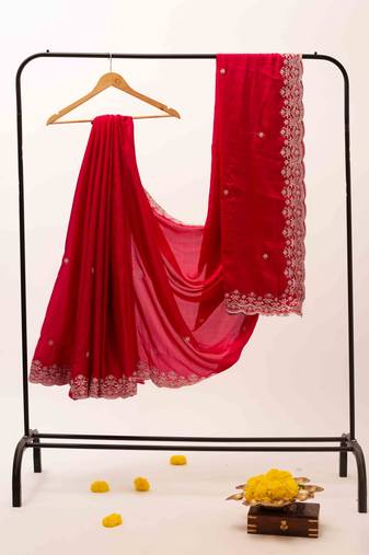 Pink satin embroidered saree