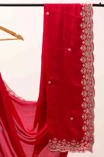 Pink satin embroidered saree