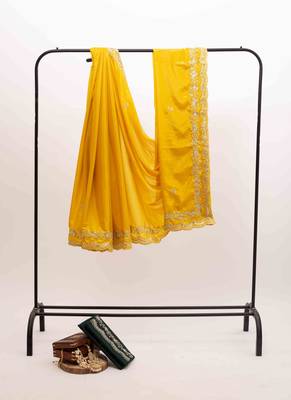 Yellow embroidered silk blend saree 3