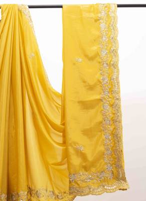 Yellow embroidered silk blend saree 4
