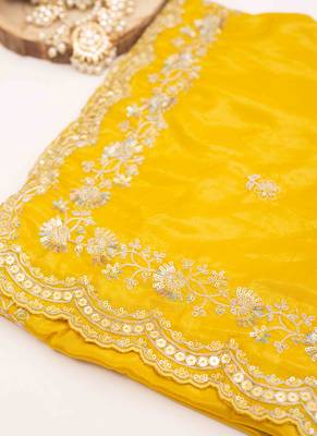 Yellow embroidered silk blend saree 1