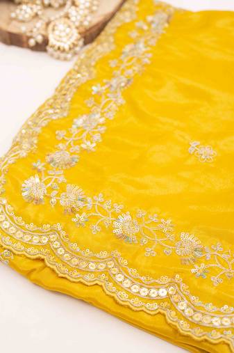 Yellow embroidered silk blend saree