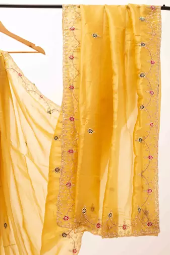 Sui dhaga yellow embroidered saree