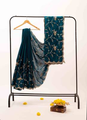 Blue embroidered satin saree 3