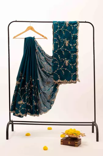 Blue embroidered satin saree