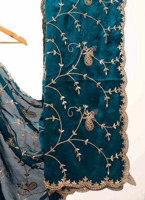Blue embroidered satin saree 4