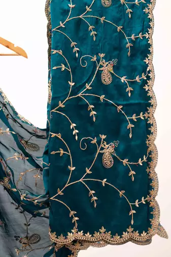 Blue embroidered satin saree