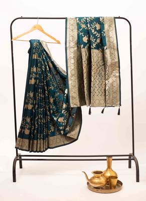 Teal bloom artsilk saree 3